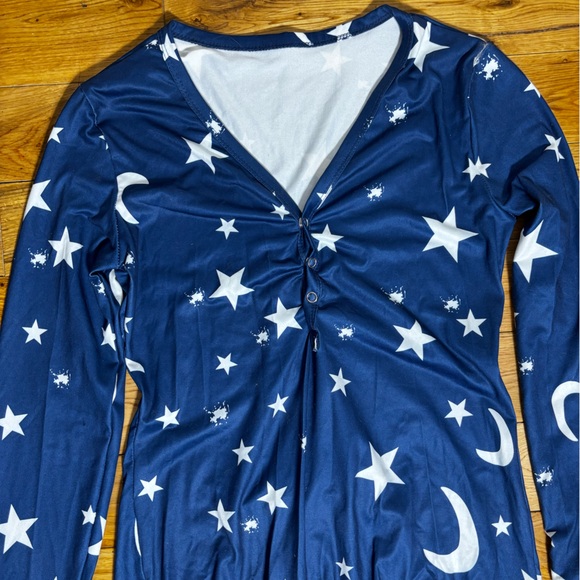 Blue Star and Moon Print Pajama Onesie with Butt Flap - Picture 2 of 7